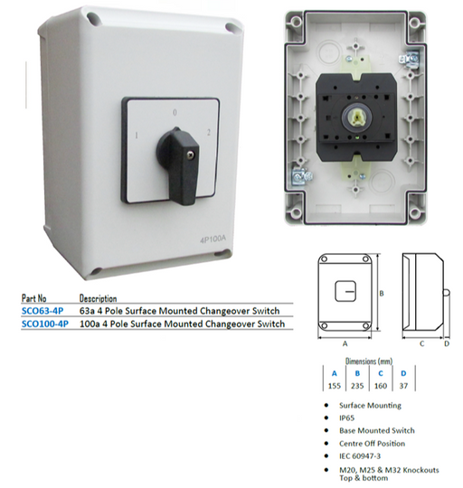 100a 4 Pole Surface Mounted Changeover Switch