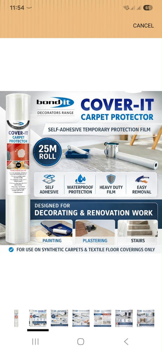 Bond it Cover-It Carpet Protector Roll 25m Clear Decorating
