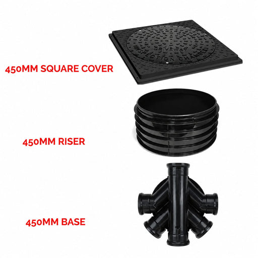 450mm  SQUARE MANHOLE  FULL  SET (1 Square Cover, 1 RISER  1 BASE )