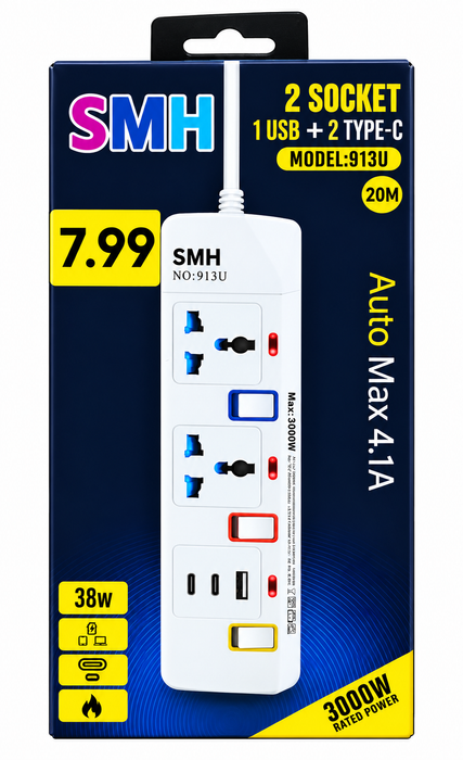 SMH 2 Socket 1 USB + 2Type C Extension Lead