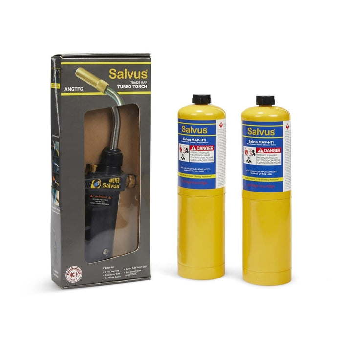 Blowtorch Kit Salvus Turbo Torch Blow Torch Swivel Gun Plus 2 x Mapp Gas Bottles