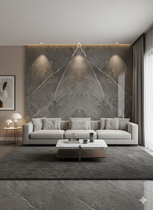 Silver Grey Marble Gloss Size: 1000×2400 mm
Thickness: 10mm