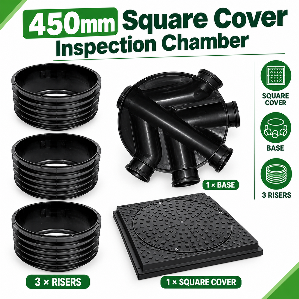 450mm Drainage Inspection Chamber Kit with Square Cover, 1 Base & 3 Risers – Underground Drainage System