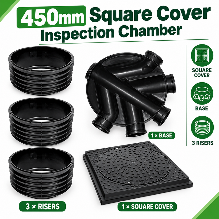 450mm Drainage Inspection Chamber Kit with Square Cover, 1 Base & 3 Risers – Underground Drainage System