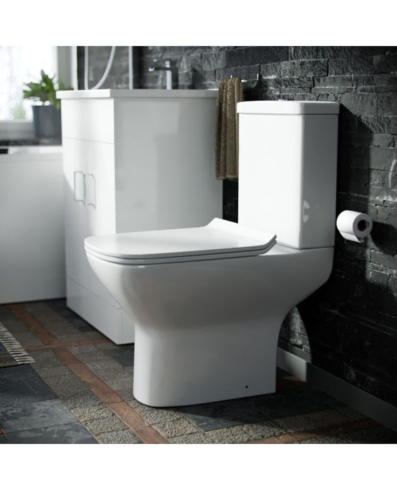 Luxury/Cyan Rimless Close Coupled WC Toilet Pan, Cistern And Slim Soft Close Seat